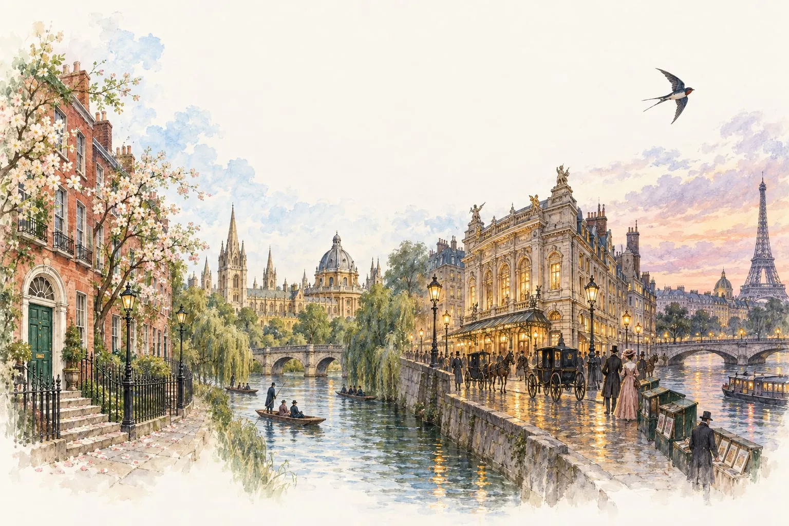 Watercolour panorama of Wilde's life: Georgian Dublin, the spires of Oxford, a London theatre and Paris at dusk